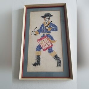 Vintage Framed with Glass Cross Stitch Drummer Minuteman 1776